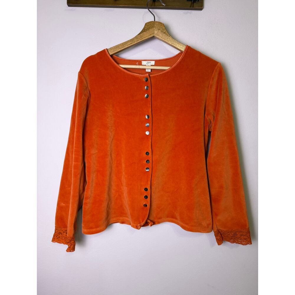 J. Jill Burnt Orange Velour Button Front Top Lace Cuffs Long Sleeve M